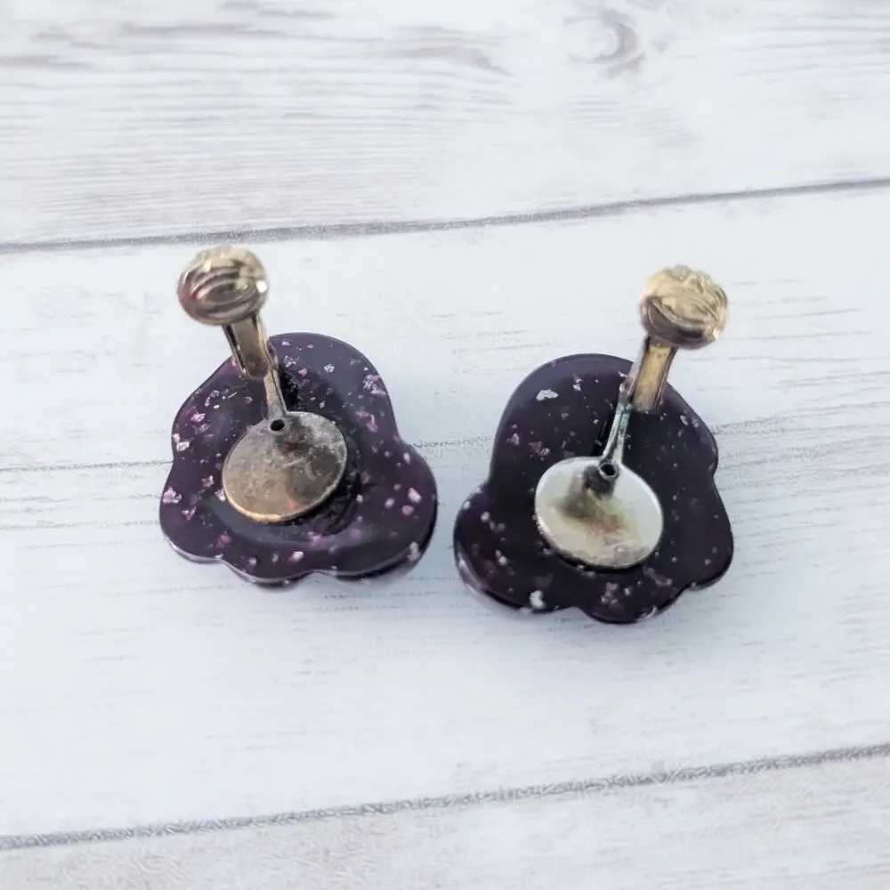 Vintage Clip On Earrings Retro Large Dark Purple Statement - Just Over 1 & 1/8